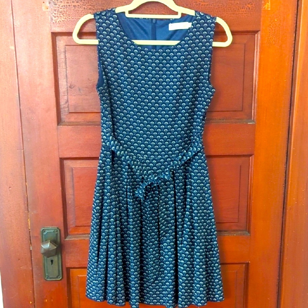 Navy Pleated Patterned Dress